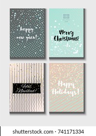 Christmas Card Vector Set with Lettering. Elegant Happy New Year and Happy Holidays Text on a Festive Background in Faded Blue, Pink, Grey and Snowfall. Tender Christmas Card Set. Noble Tender Colors.