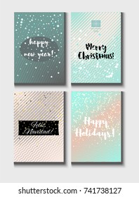 Christmas Card Vector Set with Lettering. Elegant Happy New Year and Happy Holidays Text on a Festive Background in Faded Blue, Pink, Grey and Snowfall. Tender Christmas Card Set. Noble Tender Colors.