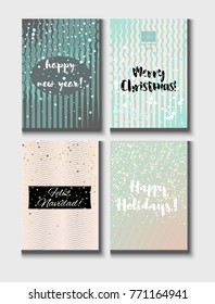 Christmas Card Vector Set with Lettering. Elegant Happy New Year and Happy Holidays Text on a Festive Background in Faded Blue, Pink, Grey and Snowfall. Tender Christmas Card Set. Noble Tender Colors.