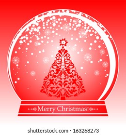 Christmas card. Vector snow globe with a tree in red color. Vector illustration 