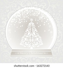 Christmas card. Vector snow globe with a tree. Vector illustration 