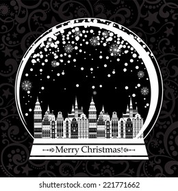 Christmas card. Vector snow globe with a town in black color, vector illustration