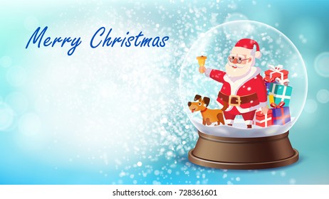 Christmas Card Vector. Snow Globe, Santa Claus, Gifts. Winter Xmas Brochure, Poster Design Background. New Year Design Template Illustration