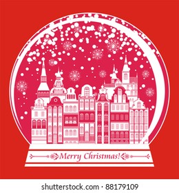 Christmas card. Vector snow globe with a town in red color, vector illustration