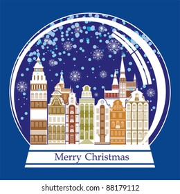 Christmas card. Vector snow globe with a town within a blue background. Vector Illustration