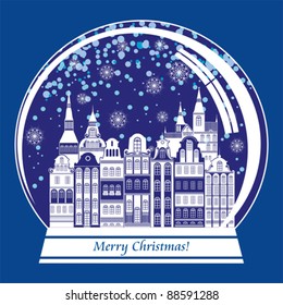 Christmas card. Vector snow globe with a town within a blue background. Vector Illustration