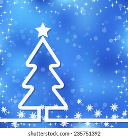 Christmas card vector template. An abstract blue background with tree contour.