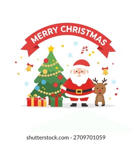 Plantilla del Vector de la tarjeta de la Navidad con el Santa lindo del carácter de la historieta, el árbol de navidad y las cajas de regalo. Ilustración de la tarjeta de feliz Navidad