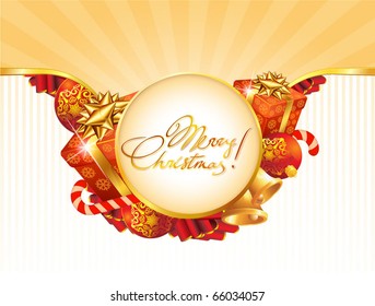 Christmas card vector template with gift boxes, balloons, candies and ribbons.
