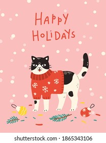 Christmas card vector template. Illustration of a cute cat in festive red sweater with a happy holidays wish. Poster, banner or postcard design in modern hand drawn style.