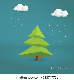 Christmas card vector template. Low poly 3d tree and clouds snowing. Eps10 vector illustration.