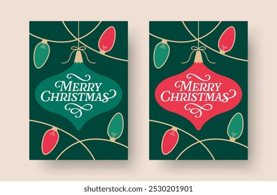 Christmas Card Vector Template. Merry Christmas Greeting Card with Decorations Illustration. Christmas Card Design with Hanging Bauble and Merry Christmas Lettering.