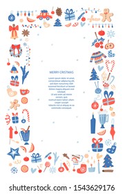 Christmas card vector template. Rectangular vertical frame with hand-drawn objects and symbols of illustration. Vintage borders for text. Party invitation, holiday poster, cute style article.