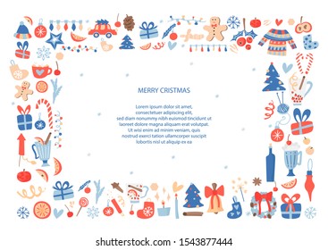 Christmas card vector template. Rectangular horizontal frame with hand drawn objects and symbols of illustration. Vintage borders for text. Party invitation, holiday poster, cute style article.
