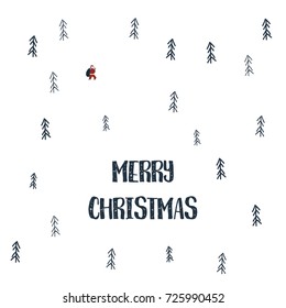 Christmas card vector template with winter landscape and santa claus between snowy trees. Eps10 vector illustration.
