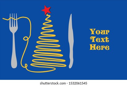 Christmas card in vector with tree made of pasta with a fork and a knife
