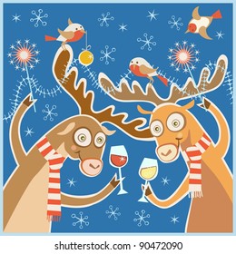 Christmas card in vector. Two cheerful cartoony deer with glasses of wine, sparklers, birds and snowflakes. Blue new year's background.