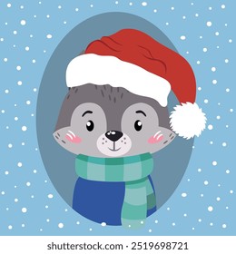 A Christmas card in vector. A wolf in a Santa Claus hat.