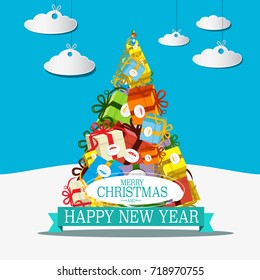 Christmas Card. Vector Xmas Design. Tree Made from Gift Boxes on Field Covered with Snow. Paper Cut Clouds on Blue Sky.