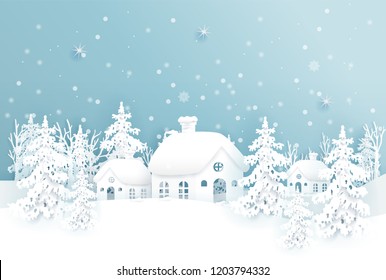 Christmas card with Christmas village and falling snow in paper cut vector illustration.