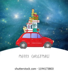 Christmas card with vintage red car carrying gift boxes. Elements of this image furnished by NASA