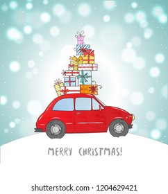 Christmas card with vintage red car carrying gift boxes.