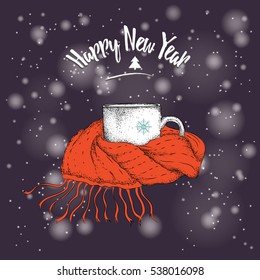 Christmas card. Vintage sketch of cup in a scarf. Cup on the background with Christmas snow. Vector illustration