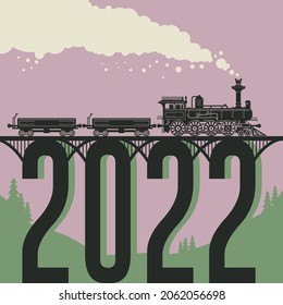 Christmas Card With A Vintage Steam Locomotive Train. Vector Illustration