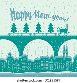 Christmas card with a vintage steam train rides on the bridge over the old city in the winter landscape and christmas tree