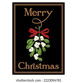 Christmas card in vintage style. Mistletoe branch and Yuletide inscription - holiday, winter solstice, isolated on white, vector illustration