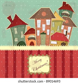 Christmas card in vintage style - retro houses in the snow