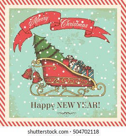 Christmas card in vintage style with  Santa's sleigh with presents and christmas tree. Sketch, hand-drawn. Happy New Year