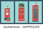 Christmas card with vintage symbols of England. Front door with wreath,  Robbin, post box and presents, telephone.