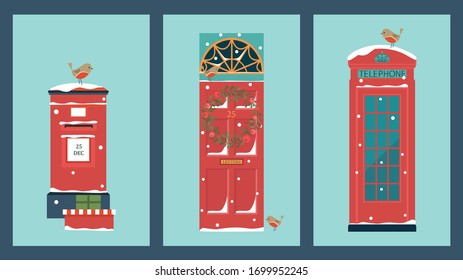 Christmas card with vintage symbols of England. Front door with wreath,  Robbin, post box and presents, telephone.