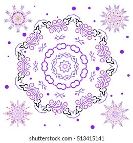 Christmas card with violet snowflakes on white background. Set of five snowflakes. Winter card Merry Christmas, New Year and Happy Holiday vector illustration.
