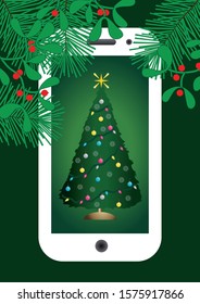 Christmas card with a virtual Christmas tree on his smartphone on a green background.