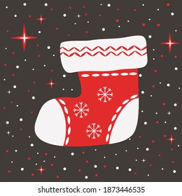 Christmas card with a warm sock for gifts on the background of the starry sky and snowfall. Vector New Year's illustration.