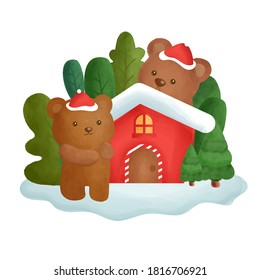 Christmas card with water color house and a bears in the forest.