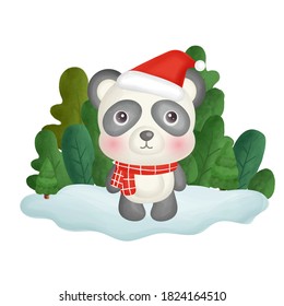 Christmas card with water color panda in the forest.