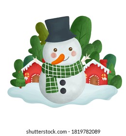 Christmas card with water color snowman in the forest.