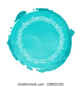 Christmas card watercolor blue circle paint stain and wreath isolated on a white background