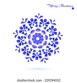 Christmas card. watercolor  blue-purple color  circular openwork element - snowflake, flower, folk style. vector illustration.