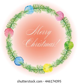 Christmas card. Watercolor painting. Hand lettering. Wreath for Christmas