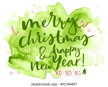 Christmas card. Watercolor painting. Hand lettering. 