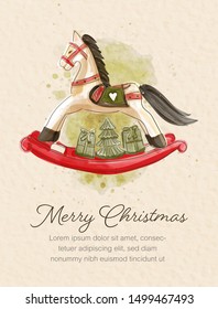 Christmas card in watercolor painting of rocking horse with gift boxes and Christmas tree.