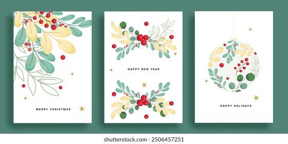 Christmas card watercolor poster set design. Merry christmas and happy holidays greeting text with leaf wreath, holly berry and garland leaves water color elements design. Vector illustration gits tag