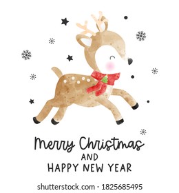 Christmas Card With Watercolor Reindeer. Merry Christmas Vector Illustration.