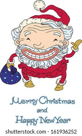 Christmas card where cheerful Santa Claus is waving his hand. Editable vector illustration.