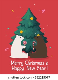 Christmas card which shows a polar bear and brown bear. Bears hold candy. In the background Christmas tree decorated with stars. Caption: Happy New Year and Merry Christmas.