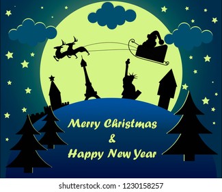 Christmas card, which shows the symbols of the four largest world capitals and Santa Claus flying over them.
